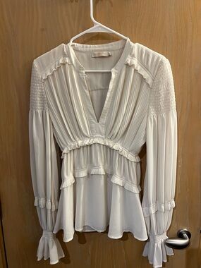 Tory Burch Ivory Pleated V-Neck Ruffle Blouse